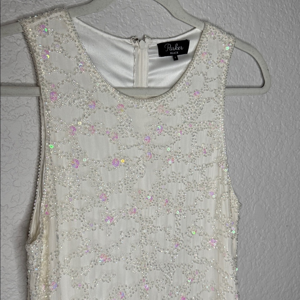 Parker Black White Ivory Mini Dress Size 6 Silk Beaded Bridal Wedding Elegant - Picture 2 of 10
